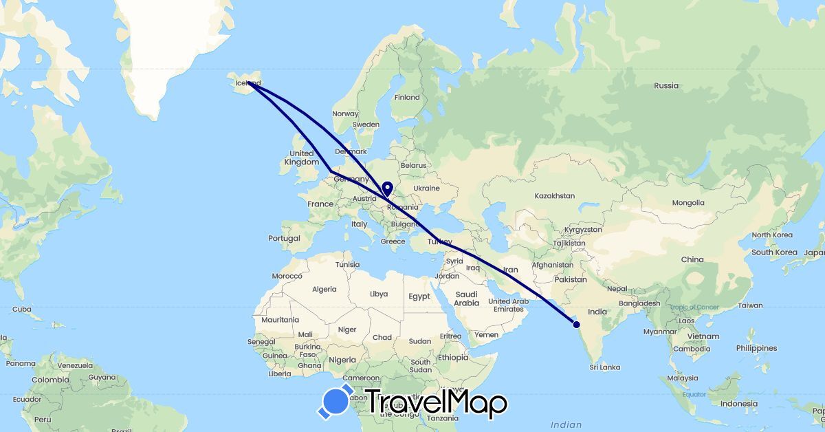 TravelMap itinerary: driving in France, India, Iceland, Netherlands, Turkey (Asia, Europe)